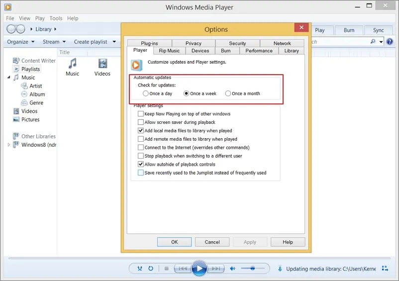 make sure Download codecs automatically Once a week