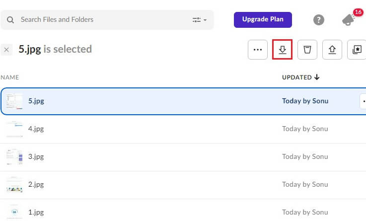 For a single file just click on it and it gets highlighted click on the Download option 