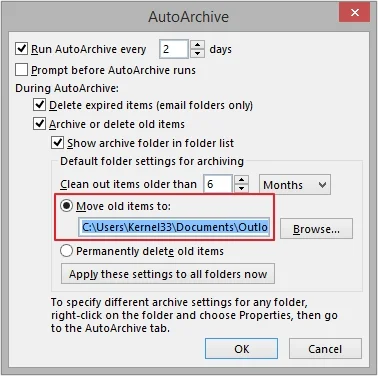 Copy the location mentioned below the Move old items to