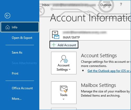 Outlook account info