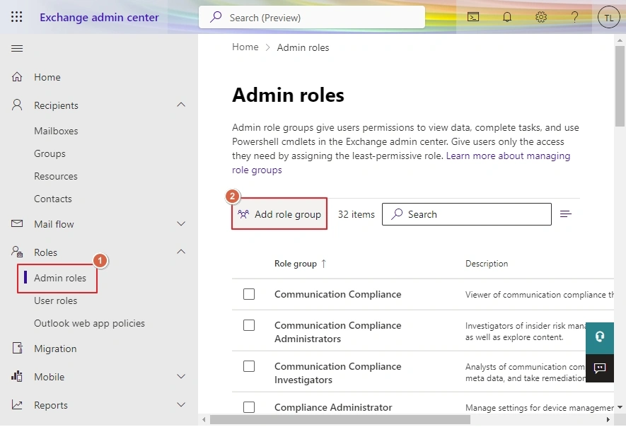 click admin roles then add role group