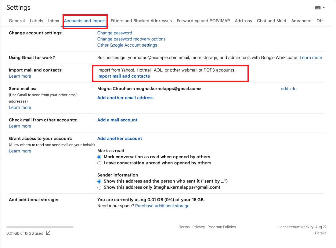 Import mail and contacts