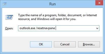 type outlook dot exe or resetnavpane and press Enter