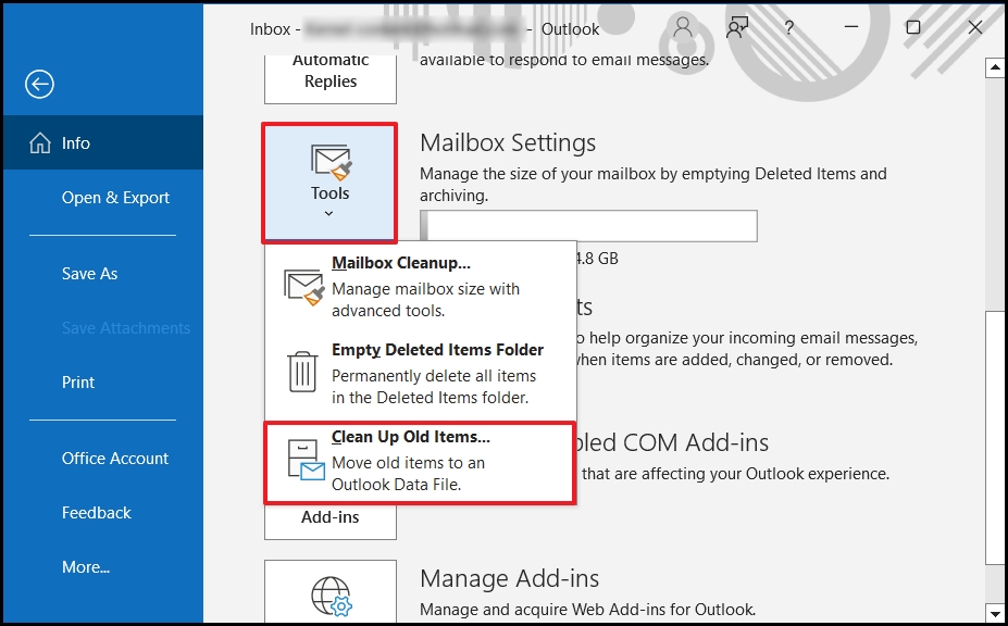 Select the File tab From the Mailbox settings choose Clean Up Old Items