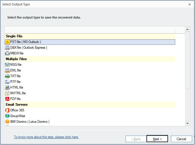 Select PST file as output option