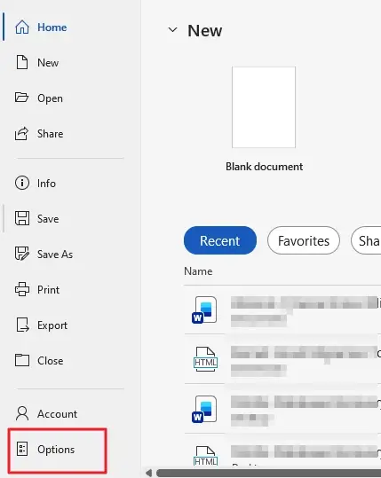 Click Options on the left panel