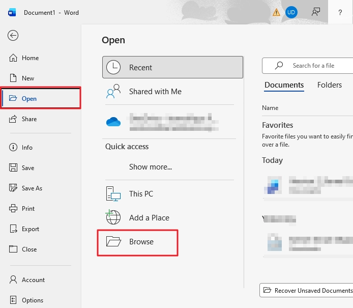 Select Open and click Browse.