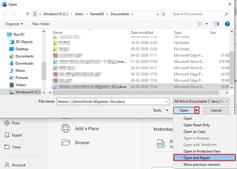 Click on the arrow next to Open and select the option Open and Repair.
