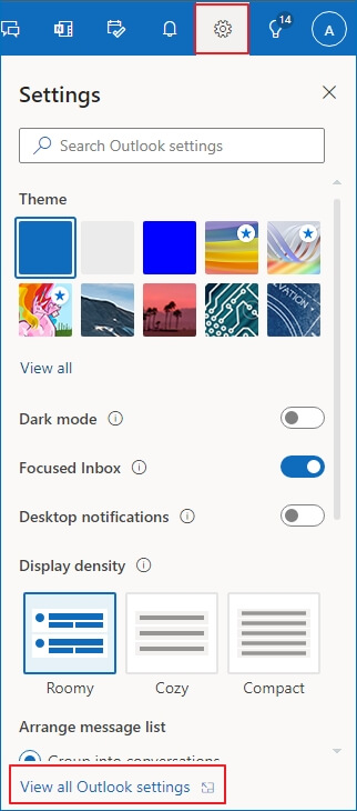 View all outlook settings