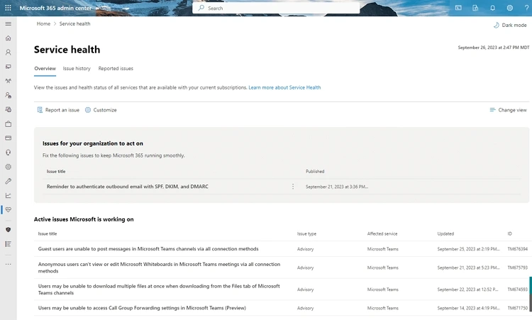 microsoft 365 service health