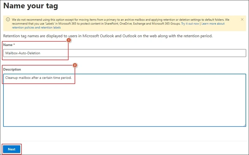 Provide Name and Description for tag