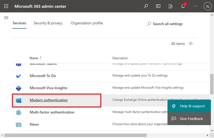 select Modern Authentication listed under the Services tab
