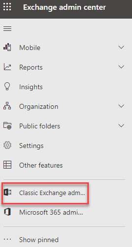 Classic Exchange admin center