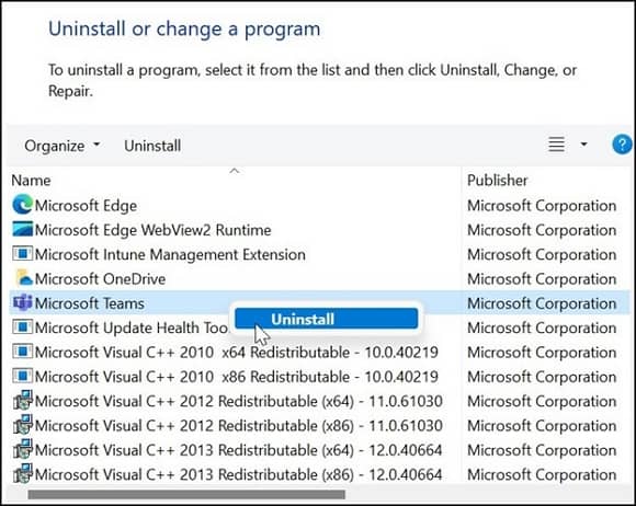 uninstall and reinstall Microsoft Teams