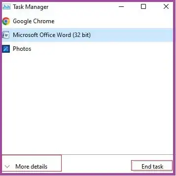 Click Microsoft Office Word and select End Task