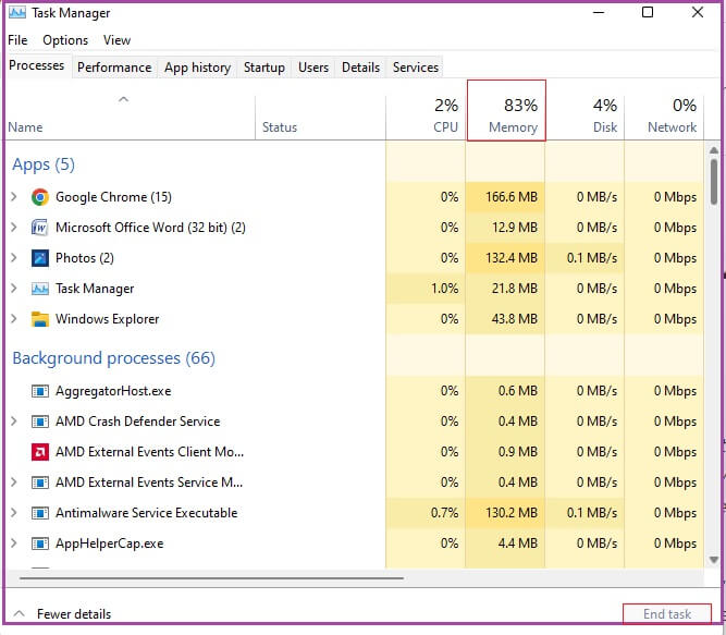 select MS Word and press end task