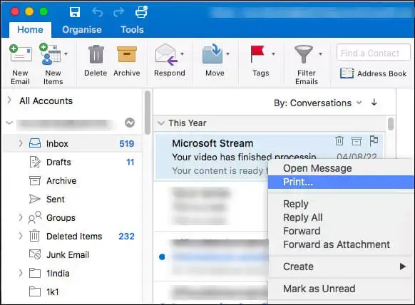 Right-Click on the mail and click print