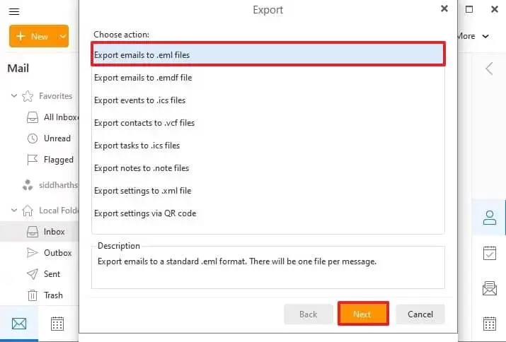 Choose export emails from eml files and click on next