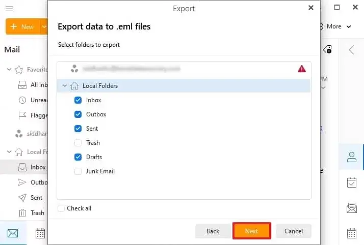 Select your eM client folders and click next