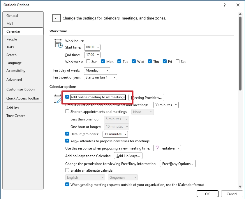 uncheck Add online meeting to all meetings
