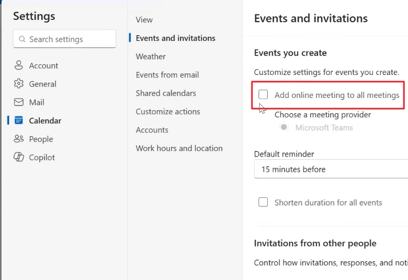 uncheck the Add Online meeting to all meetings option