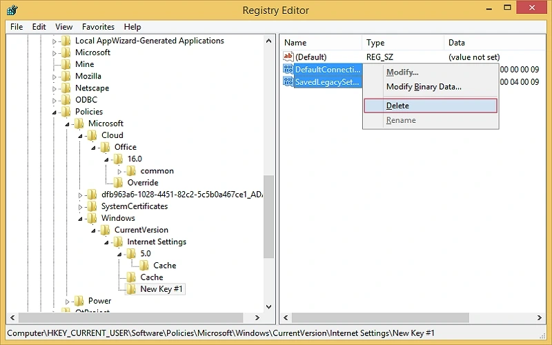 delete binary key in registry setting