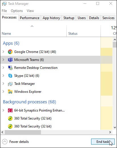 Close Microsoft Teams and ts processes in Task Manager
