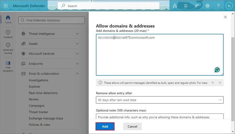 Enter the email address you want to whitelist