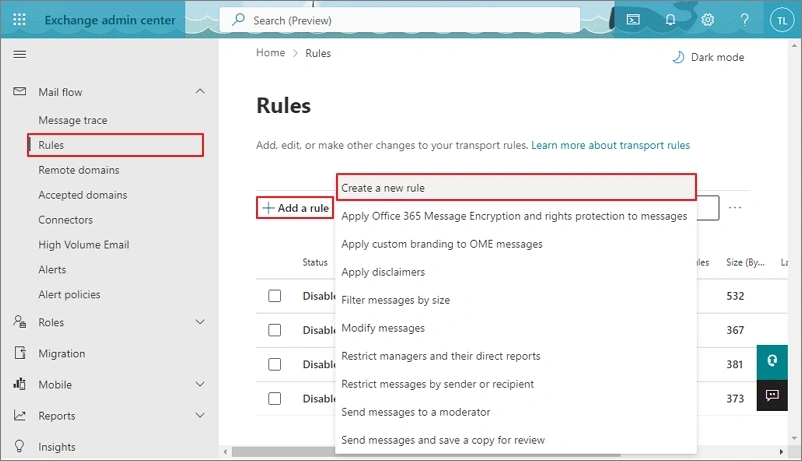 select Create a new rule