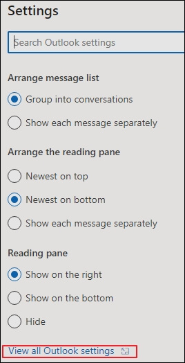 View all Outlook Settings