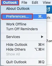 click on Outlook and select Preferences