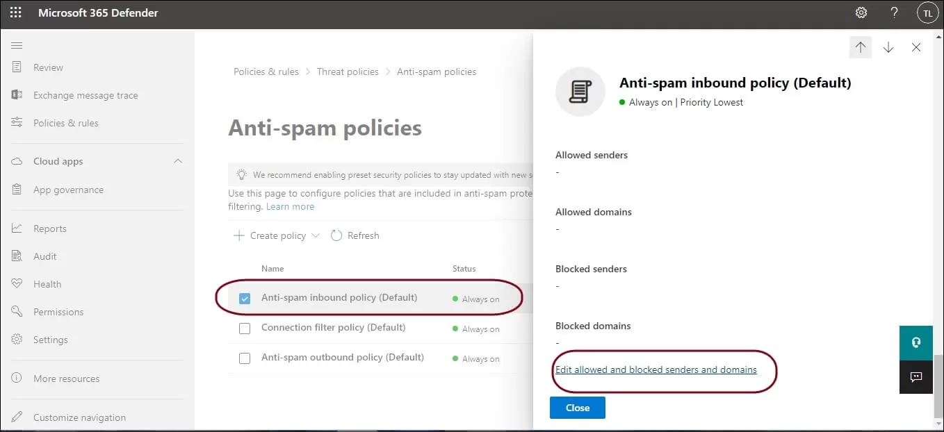 Edit allowed and blocked senders and domains