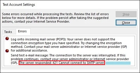 421 can not connect to SMTP server