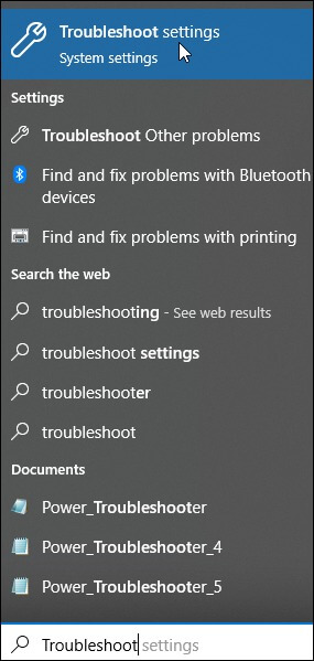 open the Troubleshoot settings