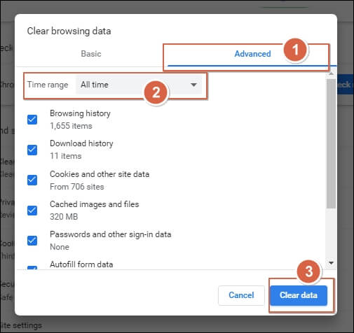 select the time range for clearing the caches and cookies