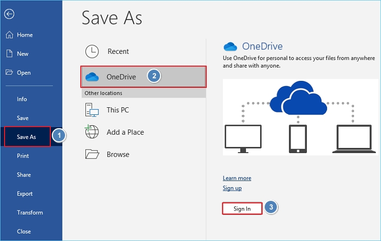 sign in to backup windows to onedrive