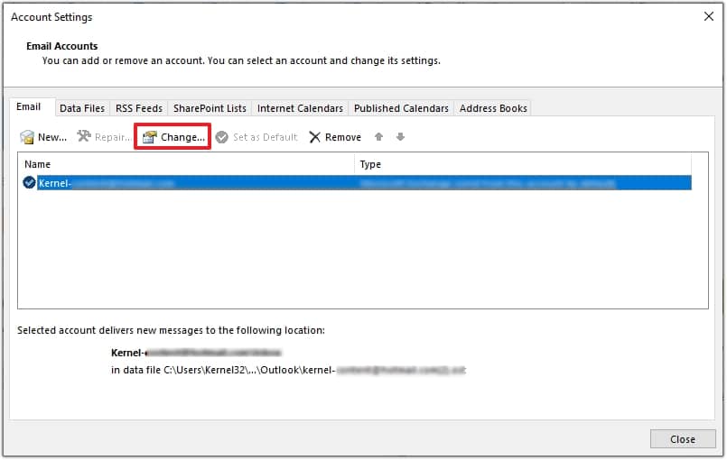 select Change under the Email