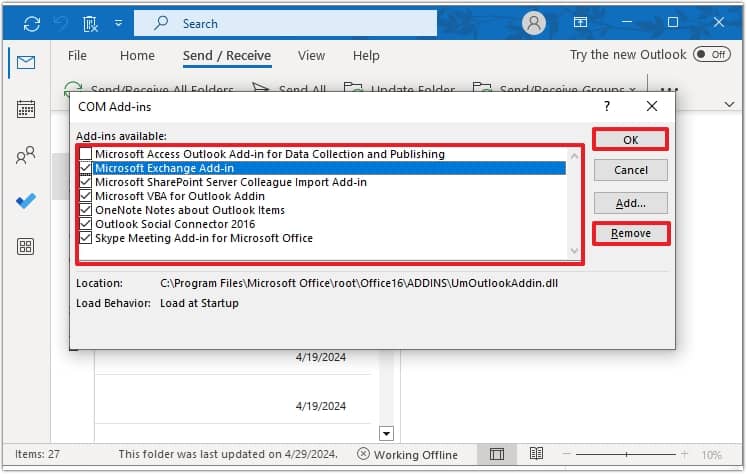 Uncheck the box beside the add-ins 