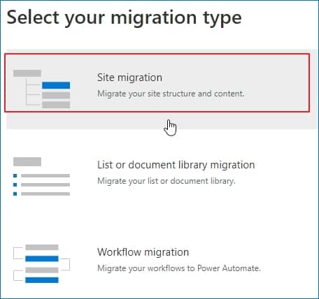 Select Site migration and then enter the SharePoint site URL you want to migrate Now click Next