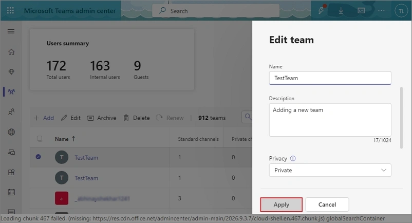 Edit teams in admin center and click apply
