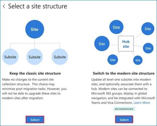 Select either Keep the classic site structure or Switch to modern site structure