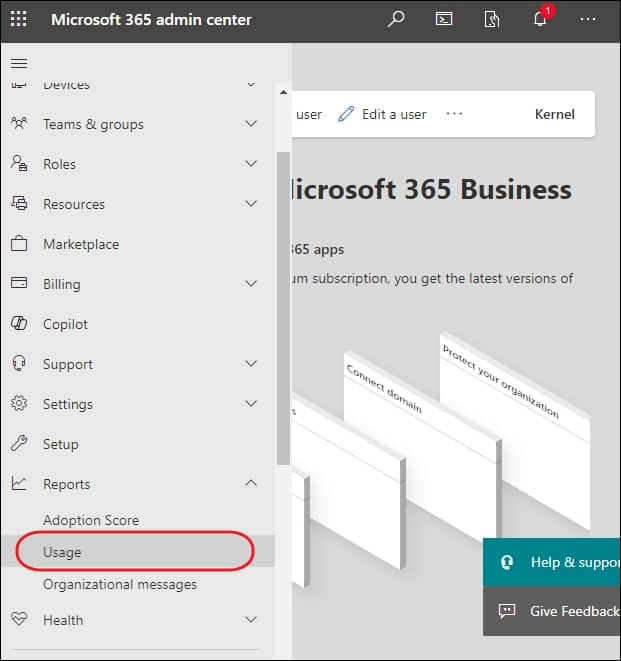 click Show all, then Reports then Usage