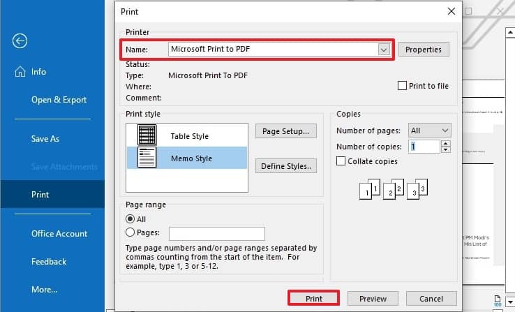 choose Microsoft Print to PDF