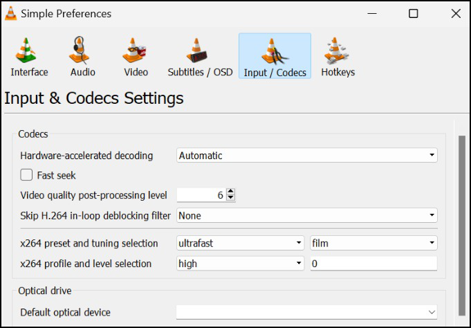 Navigate to Inputs/Codecs settings