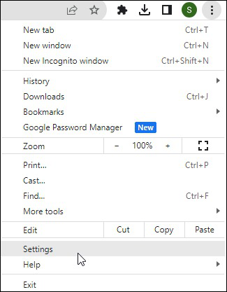 settings menu in Google Chrome