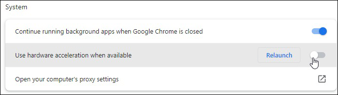 Toggle off the option Use hardware acceleration when available
