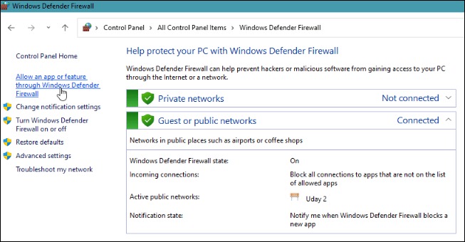 Allow an app or feature through Windows Defender Firewall.