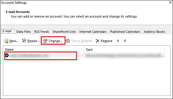 Select the MS Exchange account and click on the Change option