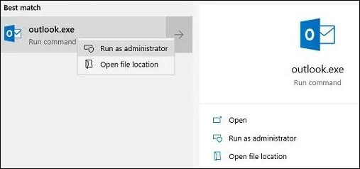 Right-click on the Outlook app and click on Run as administrator