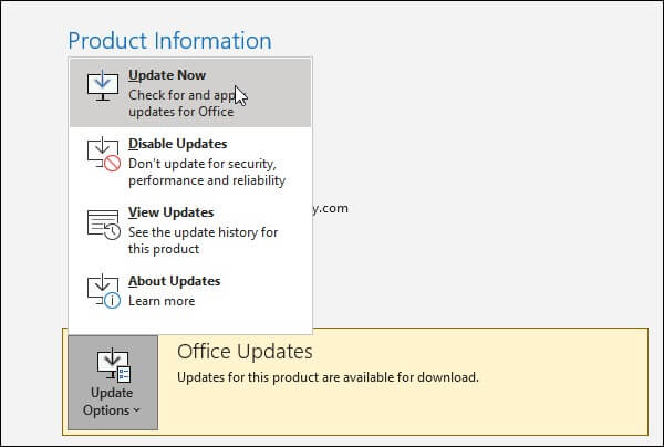 Update Now and install the Outlook updates